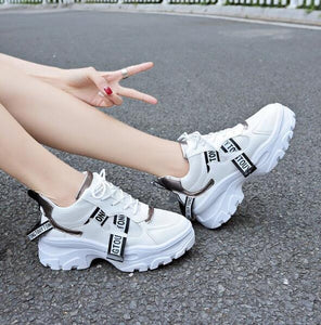 2019 Spring New Leather Women's Platform Chunky Sneakers Fashion Women Flat Thick Sole Shoes Woman Dad Footwear