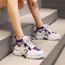 Charger l&#39;image dans la galerie, 2019 Spring New Leather Women&#39;s Platform Chunky Sneakers Fashion Women Flat Thick Sole Shoes Woman Dad Footwear