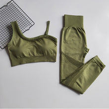 Charger l'image dans la galerie, Seamless Yoga Set Women Gym Clothing Sportswear Hollow Out Yoga Leggings Padded One Shoulder Sports Bra 2 Pcs Workout Clothes