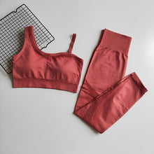 Charger l'image dans la galerie, Seamless Yoga Set Women Gym Clothing Sportswear Hollow Out Yoga Leggings Padded One Shoulder Sports Bra 2 Pcs Workout Clothes
